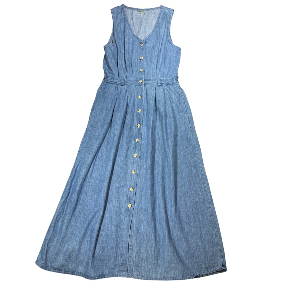 VTG 90s L.L. Bean Denim Maxi Dress Womens 12 Regular Blue Button Sleeveless USA